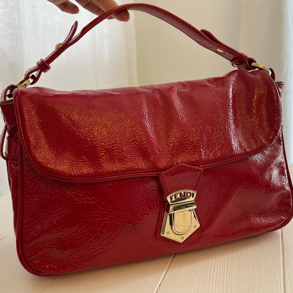 RARE Fendi Red Patent Leather Push Lock Satchel